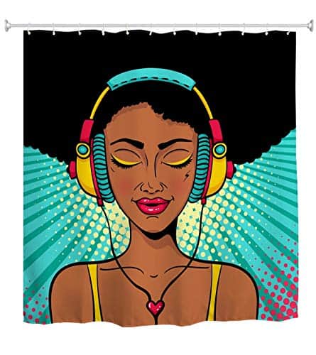 A.Monamour Afro Cabello Negro Mujer Africana con Audífonos Escuchando Música Pop Art Print Juego De Cortina De Ducha Impermeable De Tela Espesa Larga con Ganchos 165X180 Cm / 65"X72