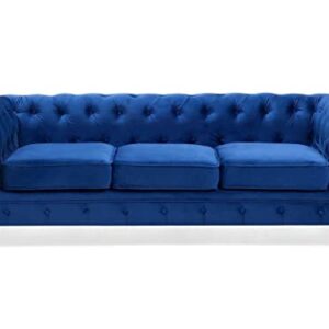 Sofá Chesterfield tapizado en tela de terciopelo azul patas negras 3 plazas estilo clásico Chesterfield