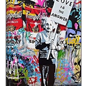 Lienzo enmarcado estilo Banksy para decoración del hogar con Einstein con el cartel Love is The Answer, Lienzo de tela., 40’’ x 30’’ inch( 102x 76 cm )-18mm depth