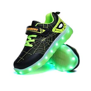 YUNICUS Spider Kid - Zapatillas LED para niños y niñas (carga por USB, parpadeantes, para cumpleaños, Halloween o Navidad), negro y verde, 27 EU
