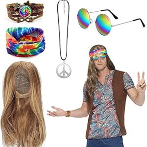 BIQIQI Conjunto de Disfraces Hippies Peluca Accesorios Hippies de la Paz Collar Pendientes Pulsera Diadema de Hippies Gafas de Sol Hippy de Halloween Vestir para la Fiesta temática de los años 60 y 70