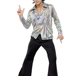 Smiffys-33841L Disfraz Retro de los 70, con Estampado psicodélico, Camisa y Pantalones de Campana, Color Negro, L-Tamaño 42"-44" (Smiffy'S 33841L)